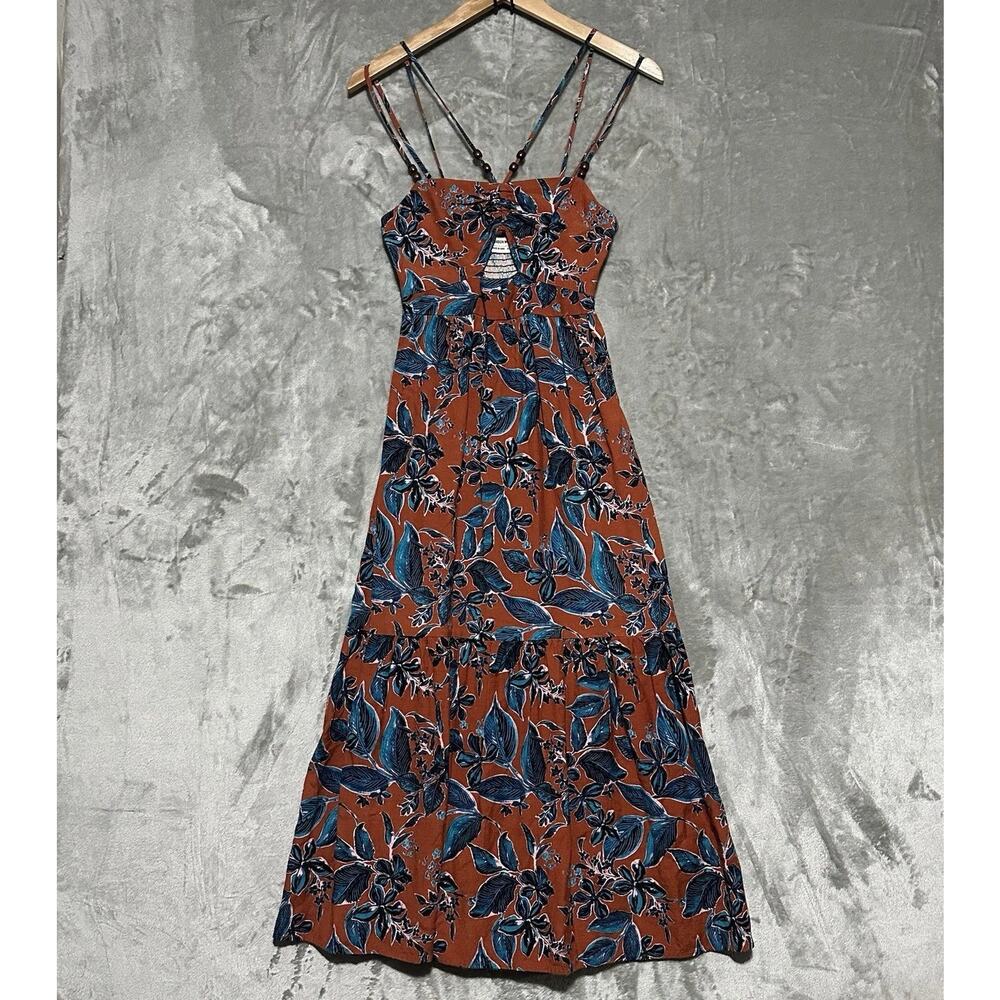 Jason Wu Smocked‎ Floral Terracotta Cutout Midi Dress Womens XS Orange Tropical